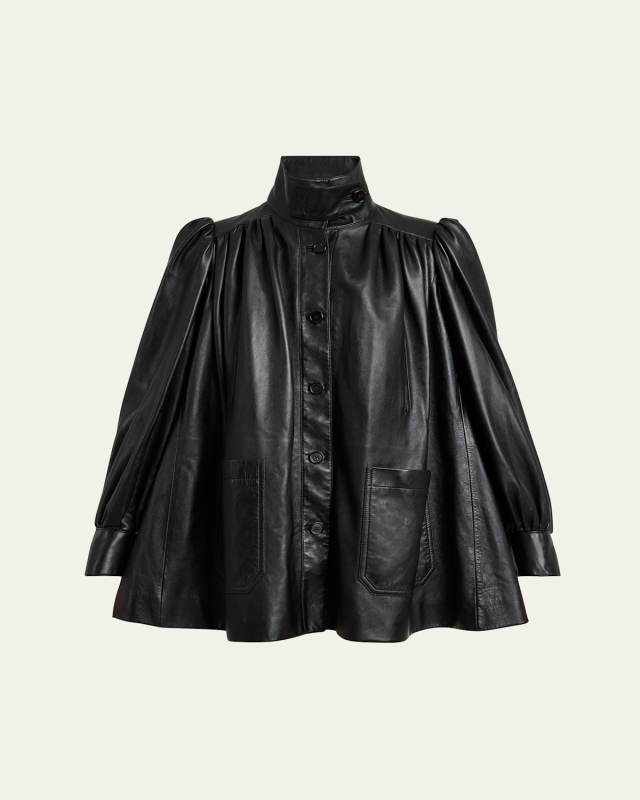 High-Neck Puff Sleeve Leather Jacket
